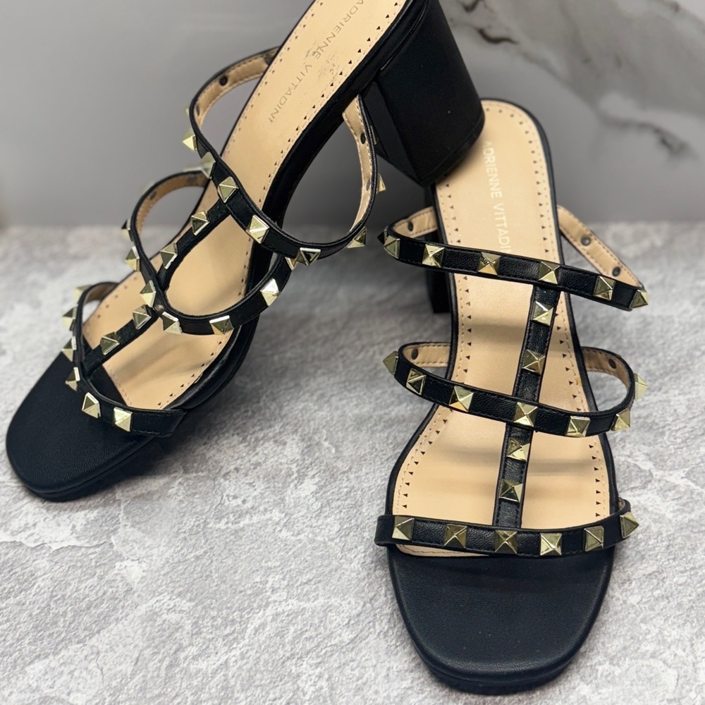 Adrienne Vittadini Alec Studded Sandal Black Size 10 Block Heel Open Toed